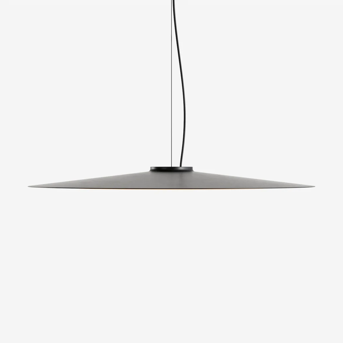 Helios pendant lamp — minimalist architectural lighting featuring an ultra-thin matte black conical metal shade.