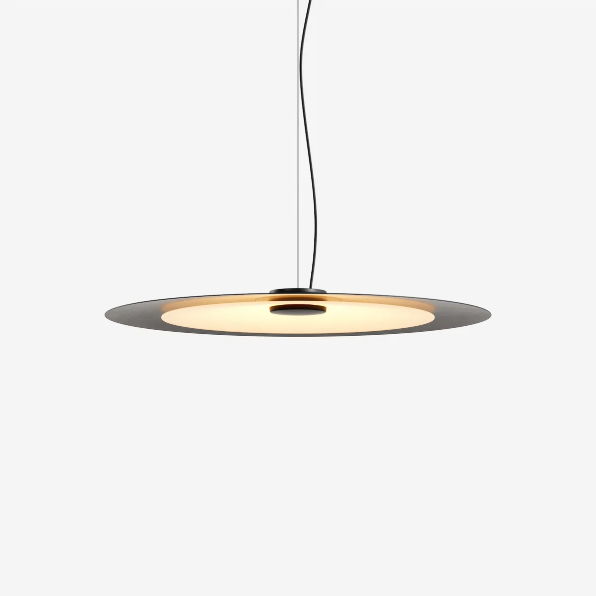 Helios pendant lamp — minimalist architectural lighting featuring a thin circular metal shade with integrated warm ambient light.