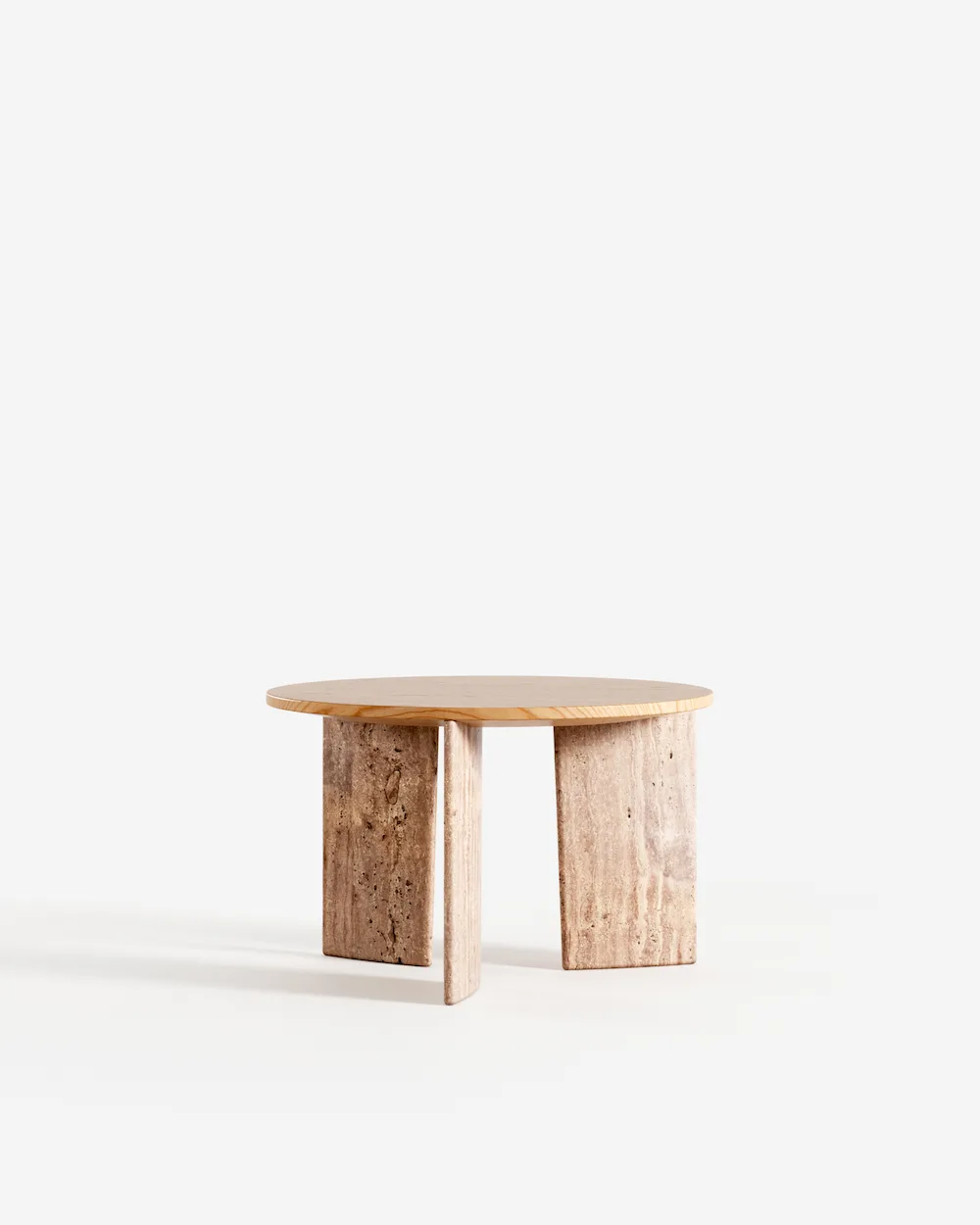 Hermes medium side table with round ash tabletop and thin edge, resting on three travertine legs.